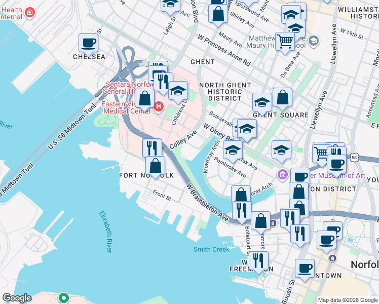 map of restaurants, bars, coffee shops, grocery stores, and more near 601 Pembroke Avenue in Norfolk