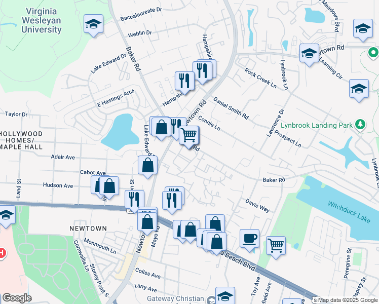 map of restaurants, bars, coffee shops, grocery stores, and more near 544 Newtown Road in Virginia Beach