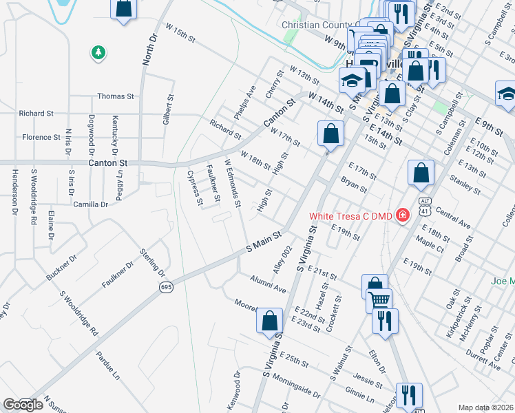 map of restaurants, bars, coffee shops, grocery stores, and more near 2001-2099 High Street in Hopkinsville