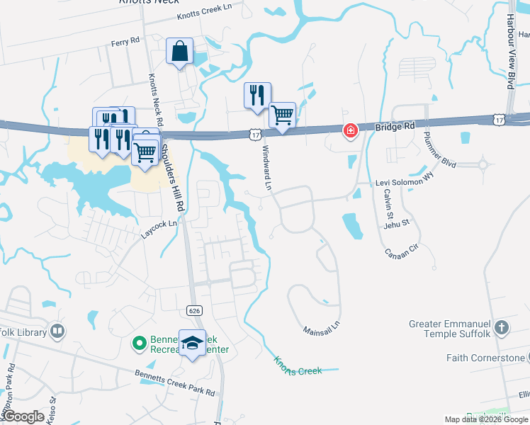 map of restaurants, bars, coffee shops, grocery stores, and more near 5002 Topsail Court in Suffolk