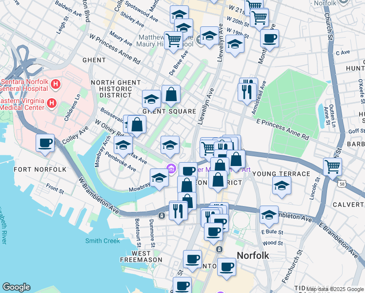 map of restaurants, bars, coffee shops, grocery stores, and more near 696 Mowbray Arch in Norfolk