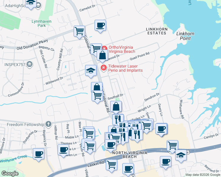 map of restaurants, bars, coffee shops, grocery stores, and more near 1012 Tottenham Lane in Virginia Beach
