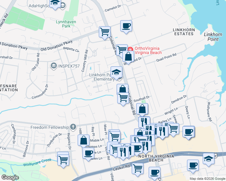 map of restaurants, bars, coffee shops, grocery stores, and more near 1825 Durham West in Virginia Beach