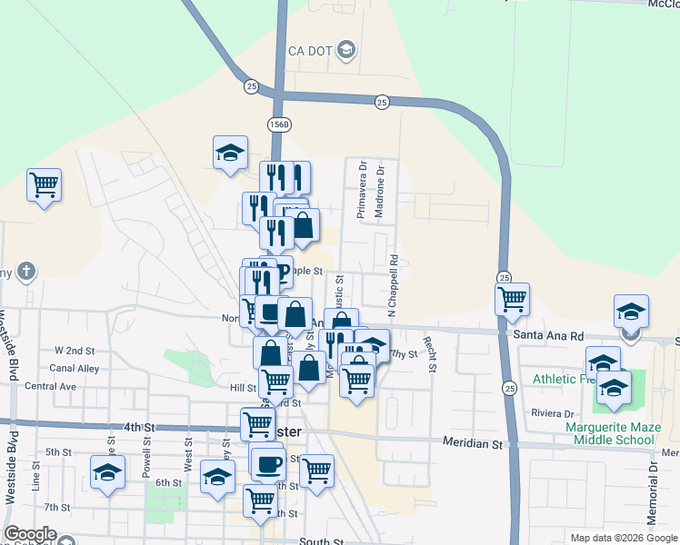 map of restaurants, bars, coffee shops, grocery stores, and more near Maple Street in Hollister
