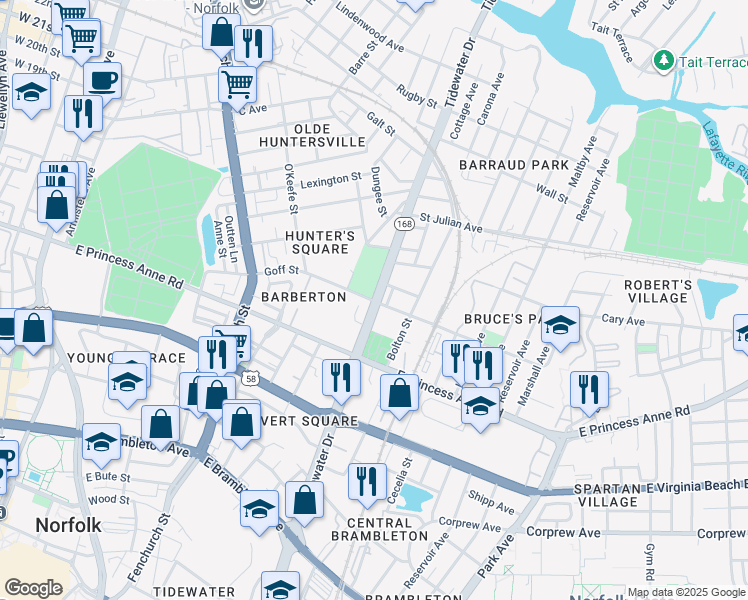 map of restaurants, bars, coffee shops, grocery stores, and more near Tidewater Dr & Goff St in Norfolk