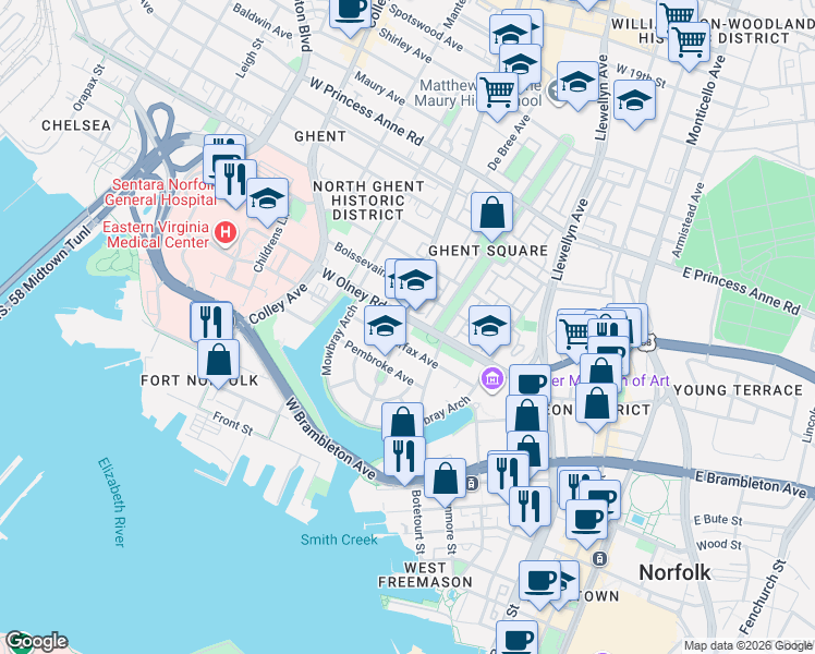 map of restaurants, bars, coffee shops, grocery stores, and more near 418 Fairfax Avenue in Norfolk