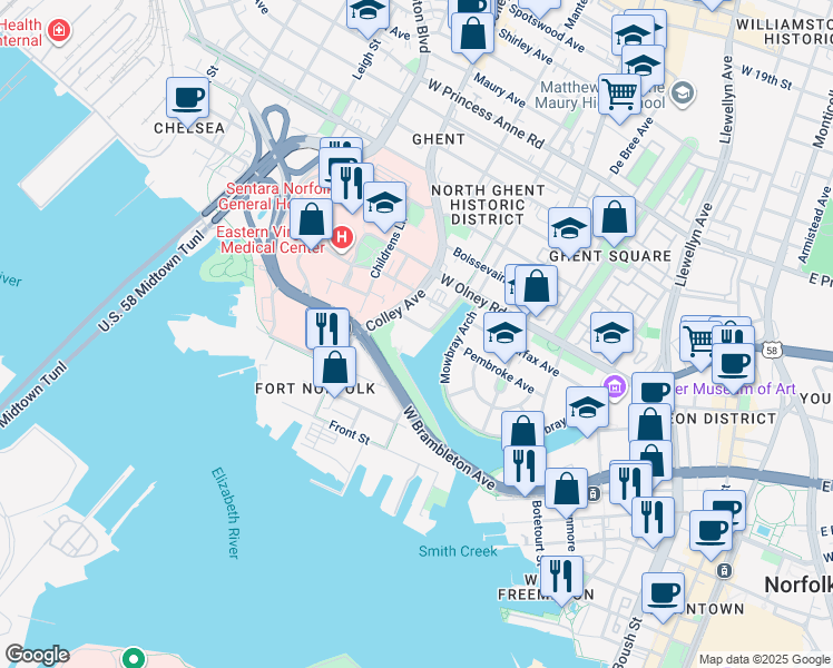 map of restaurants, bars, coffee shops, grocery stores, and more near 601 Pembroke Avenue in Norfolk