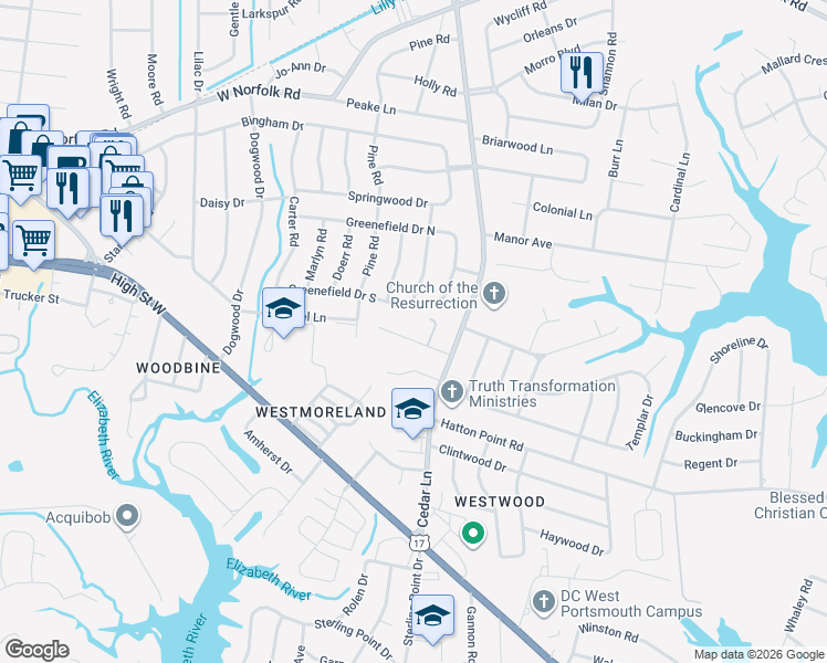map of restaurants, bars, coffee shops, grocery stores, and more near 5013 Dogwood Trail in Portsmouth