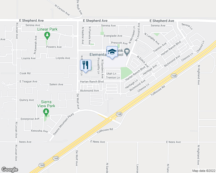 map of restaurants, bars, coffee shops, grocery stores, and more near 3621 Elevations Way in Clovis
