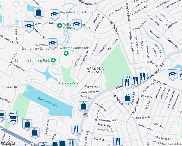 map of restaurants, bars, coffee shops, grocery stores, and more near 636 De Laura Lane in Virginia Beach
