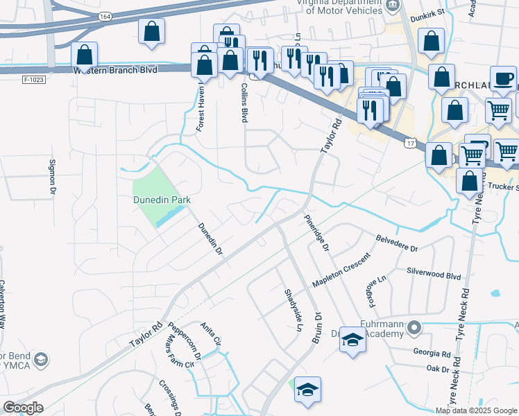 map of restaurants, bars, coffee shops, grocery stores, and more near 3429 Bruin Drive in Chesapeake