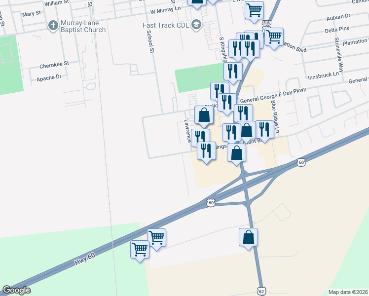 map of restaurants, bars, coffee shops, grocery stores, and more near 12078 Lawrence in Sikeston
