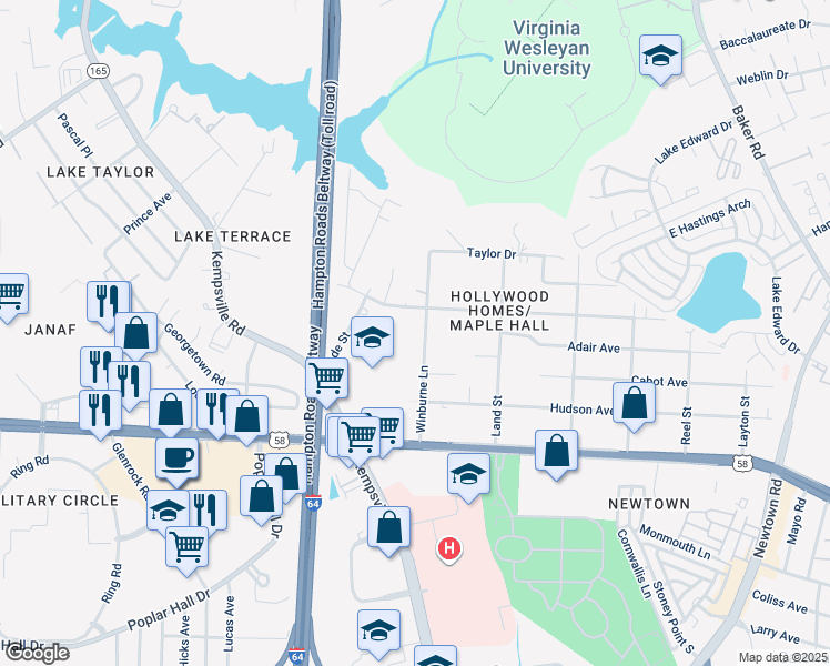 map of restaurants, bars, coffee shops, grocery stores, and more near 1157 Winburne Lane in Norfolk