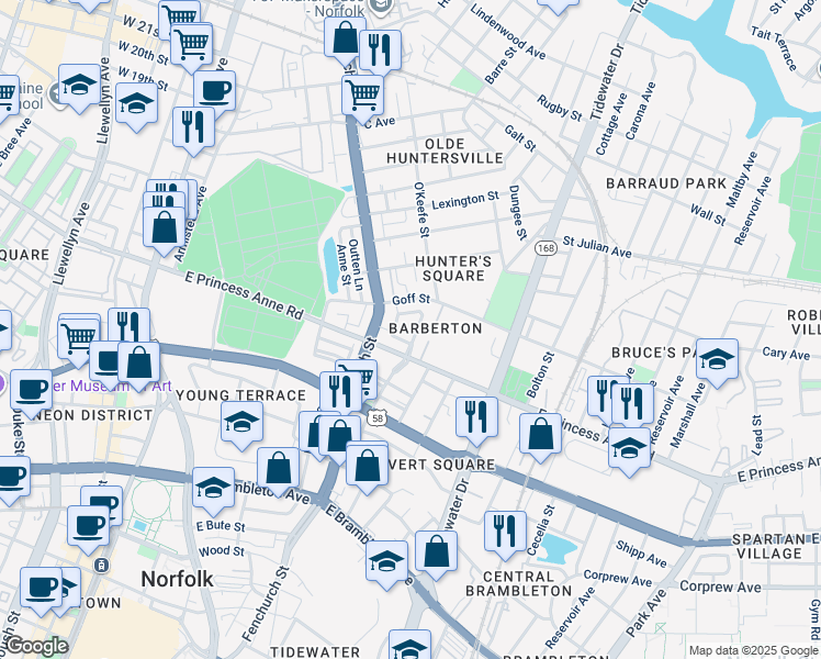 map of restaurants, bars, coffee shops, grocery stores, and more near 1219 Wide Street in Norfolk