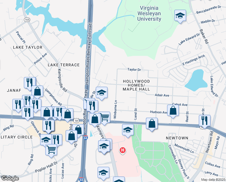 map of restaurants, bars, coffee shops, grocery stores, and more near 1157 Winburne Lane in Norfolk
