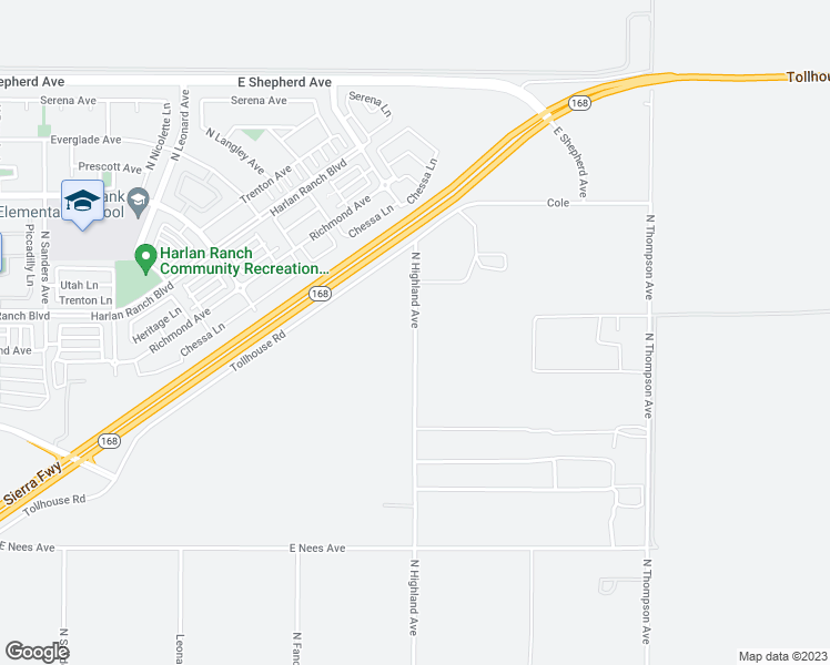 map of restaurants, bars, coffee shops, grocery stores, and more near 8522 North Highland Avenue in Clovis
