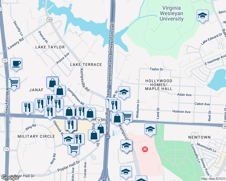 map of restaurants, bars, coffee shops, grocery stores, and more near 1135 Wade Street in Norfolk
