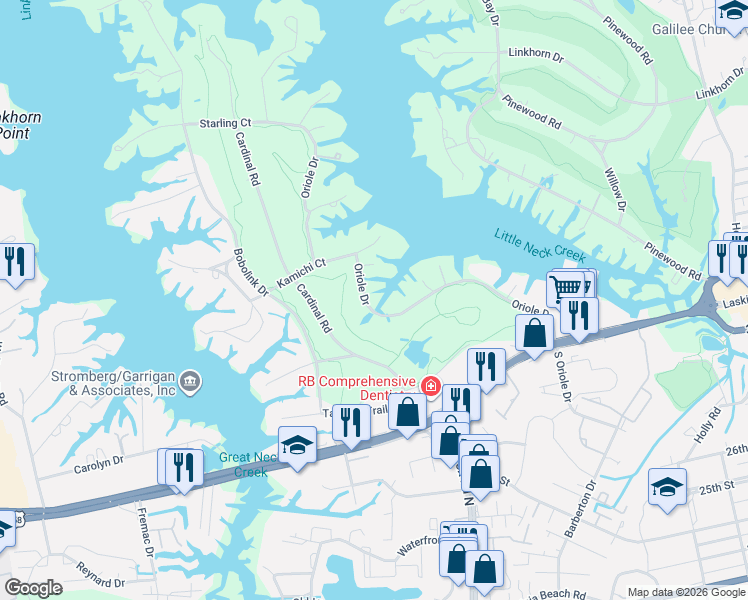 map of restaurants, bars, coffee shops, grocery stores, and more near 795 Oriole Drive in Virginia Beach