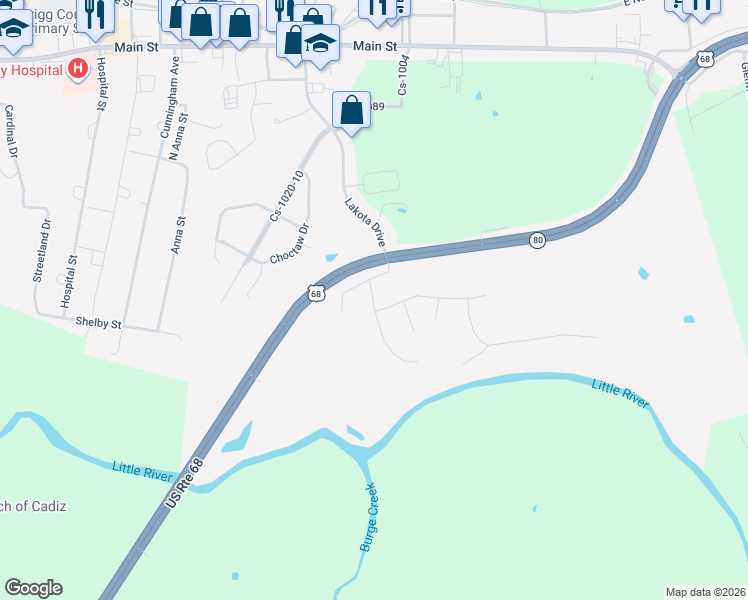 map of restaurants, bars, coffee shops, grocery stores, and more near 183 Arrowhead Club Drive in Cadiz