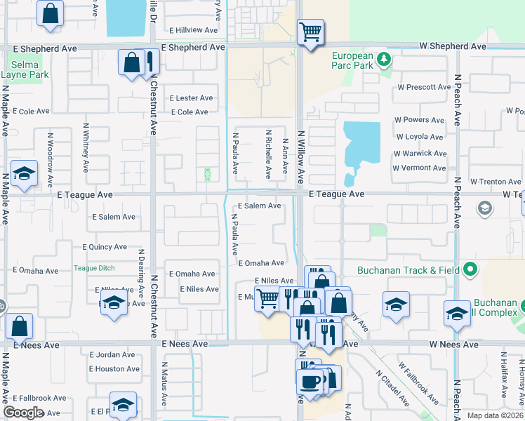 map of restaurants, bars, coffee shops, grocery stores, and more near 2932 East Richmond Avenue in Fresno