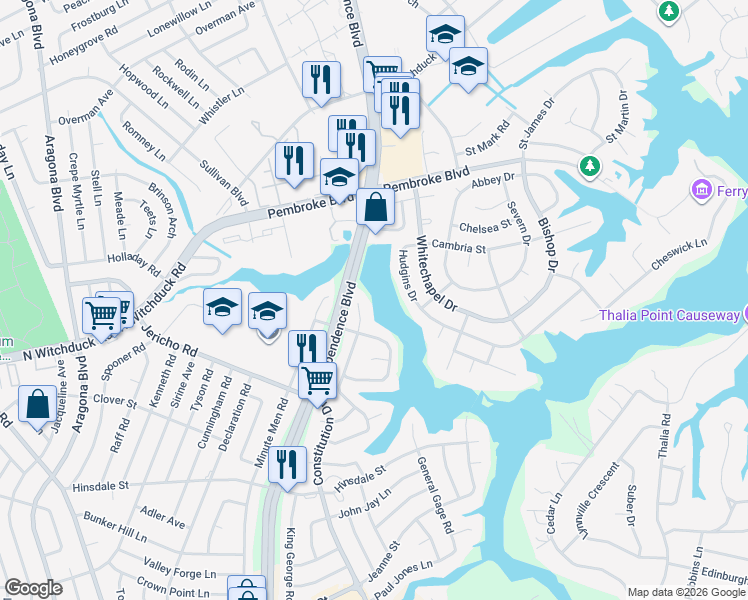 map of restaurants, bars, coffee shops, grocery stores, and more near 662 Liberty Bell Road in Virginia Beach