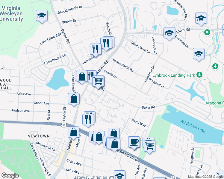 map of restaurants, bars, coffee shops, grocery stores, and more near 502 Wharf Court in Virginia Beach