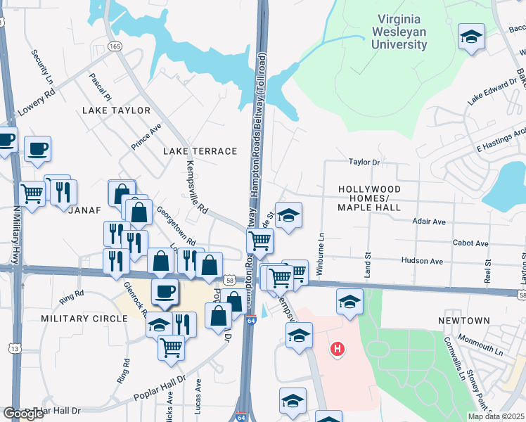 map of restaurants, bars, coffee shops, grocery stores, and more near 1135 Wade Street in Norfolk
