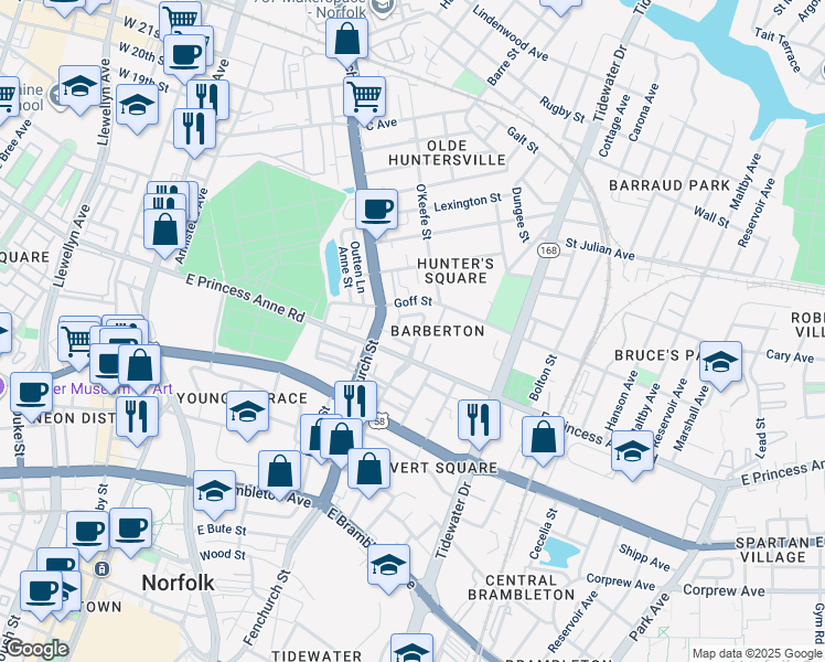 map of restaurants, bars, coffee shops, grocery stores, and more near 1219 Wide Street in Norfolk