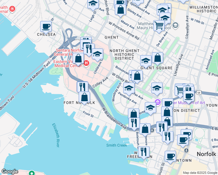 map of restaurants, bars, coffee shops, grocery stores, and more near 601 Pembroke Avenue in Norfolk