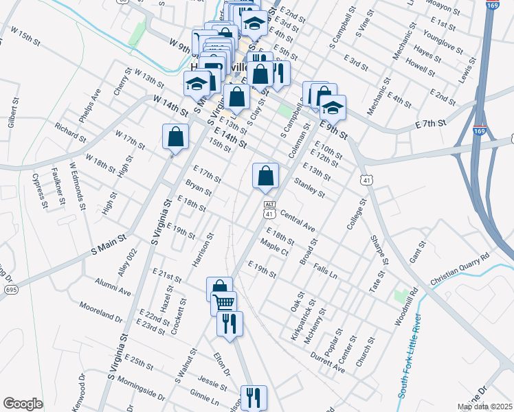 map of restaurants, bars, coffee shops, grocery stores, and more near 0 1712 South Walnut Street in Hopkinsville