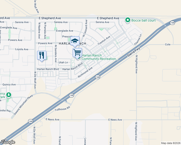 map of restaurants, bars, coffee shops, grocery stores, and more near 3774 Chessa Lane in Clovis