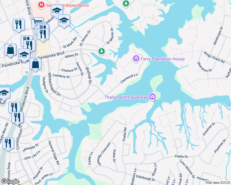 map of restaurants, bars, coffee shops, grocery stores, and more near 4229 Cheswick Lane in Virginia Beach