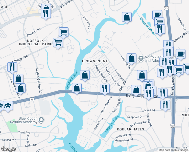 map of restaurants, bars, coffee shops, grocery stores, and more near 5371 Wyngate Drive in Norfolk