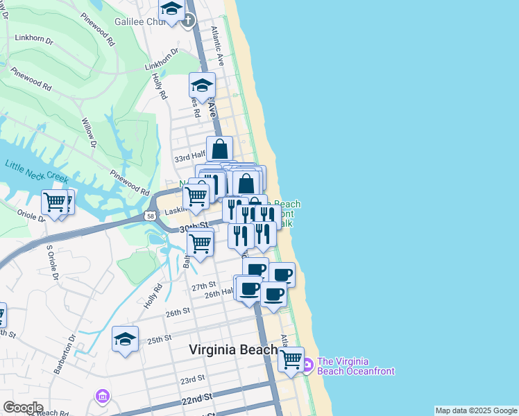 map of restaurants, bars, coffee shops, grocery stores, and more near 3001 Atlantic Avenue in Virginia Beach
