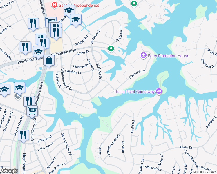 map of restaurants, bars, coffee shops, grocery stores, and more near 4301 Hudgins Drive in Virginia Beach