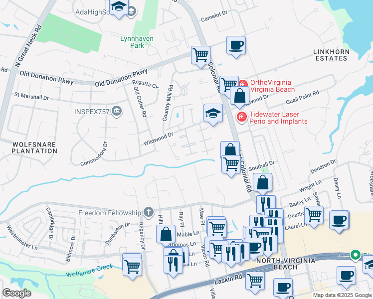 map of restaurants, bars, coffee shops, grocery stores, and more near 1020 Thousand Oaks Drive in Virginia Beach