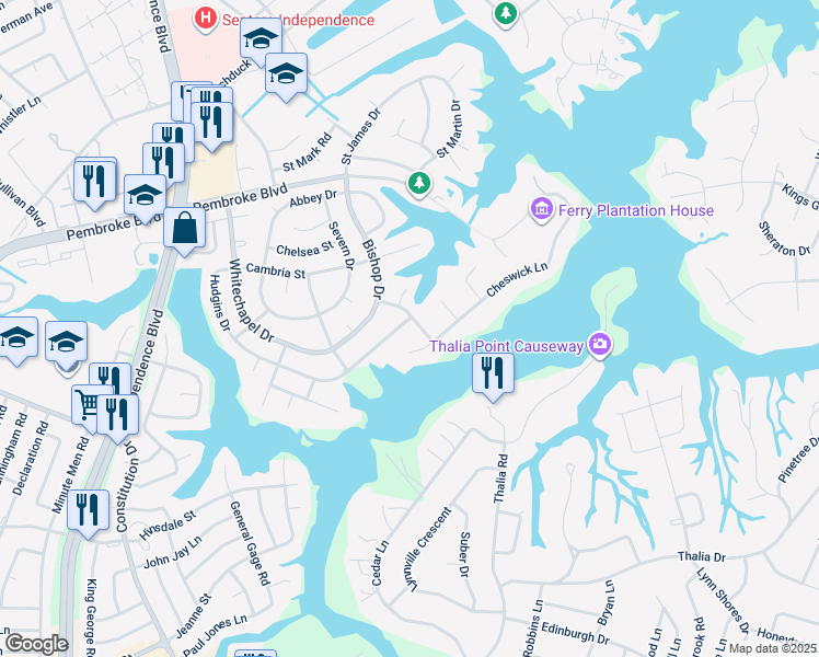 map of restaurants, bars, coffee shops, grocery stores, and more near 4301 Hudgins Drive in Virginia Beach