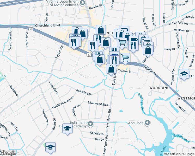 map of restaurants, bars, coffee shops, grocery stores, and more near 3106 Poplar Hill Road in Chesapeake