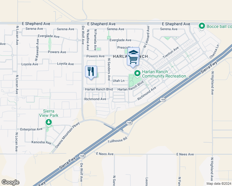 map of restaurants, bars, coffee shops, grocery stores, and more near 3626 Alcove Way in Clovis