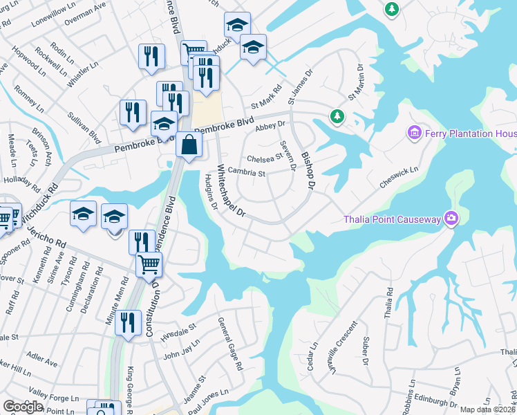 map of restaurants, bars, coffee shops, grocery stores, and more near 625 Whitechapel Drive in Virginia Beach