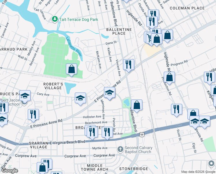 map of restaurants, bars, coffee shops, grocery stores, and more near 2872 Virginia 166 in Norfolk