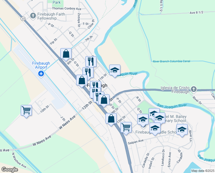 map of restaurants, bars, coffee shops, grocery stores, and more near 1191 P Street in Firebaugh