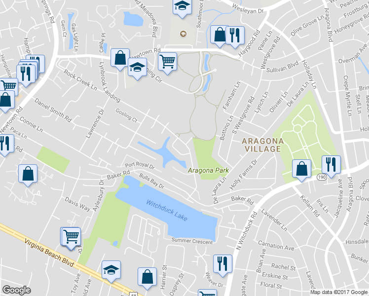 map of restaurants, bars, coffee shops, grocery stores, and more near 5373 Lynbrook Landing in Virginia Beach