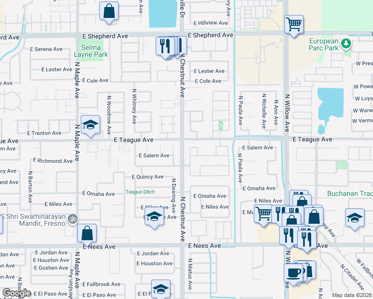 map of restaurants, bars, coffee shops, grocery stores, and more near 8396 North Dearing Avenue in Fresno