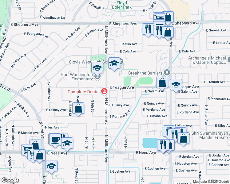 map of restaurants, bars, coffee shops, grocery stores, and more near 8440 North Millbrook Avenue in Fresno
