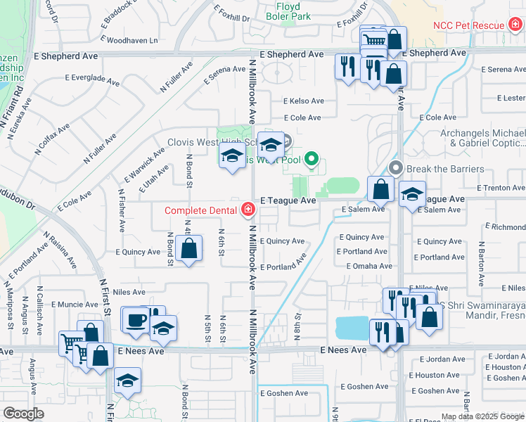 map of restaurants, bars, coffee shops, grocery stores, and more near 8440 North Millbrook Avenue in Fresno