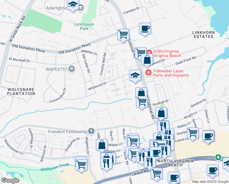 map of restaurants, bars, coffee shops, grocery stores, and more near 1020 Thousand Oaks Drive in Virginia Beach