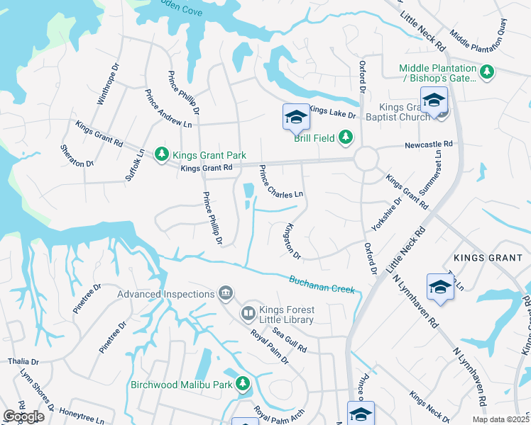 map of restaurants, bars, coffee shops, grocery stores, and more near 625 West Kingston Circle in Virginia Beach