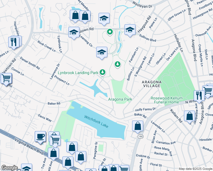 map of restaurants, bars, coffee shops, grocery stores, and more near 5373 Lynbrook Landing in Virginia Beach