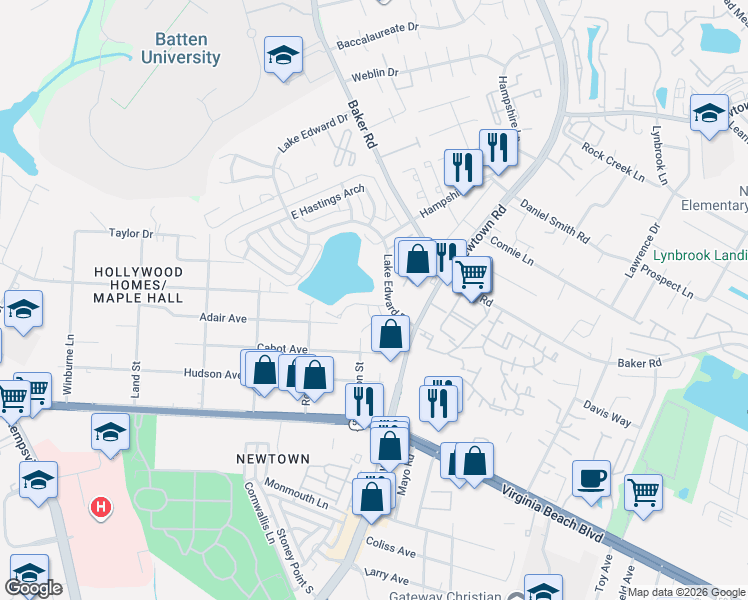 map of restaurants, bars, coffee shops, grocery stores, and more near 5800 Layton Street in Virginia Beach